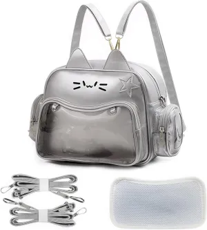 Cute Cat Ita Bag Backpack Crossbody Bag for Girls Kawaii Shoulder Bags Pin Display Backpack with Insert (Silver)