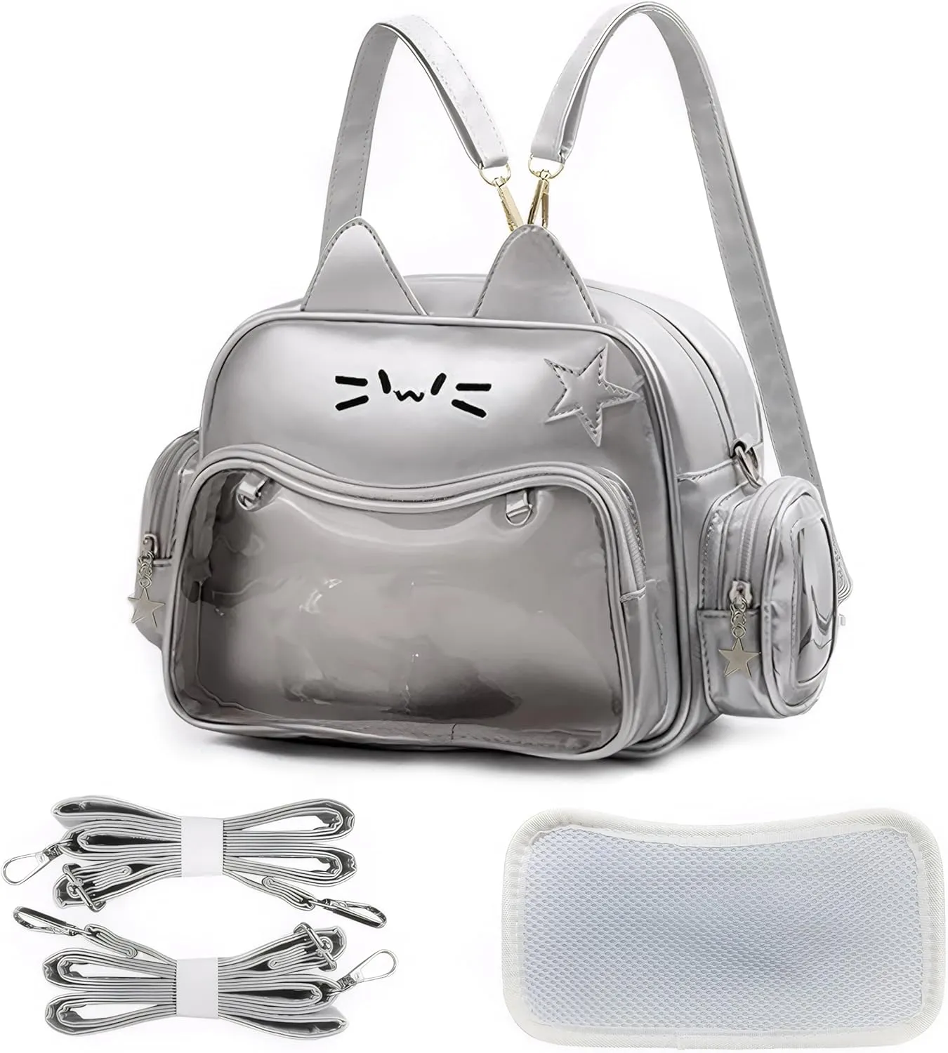 Cute Cat Ita Bag Backpack Crossbody Bag for Girls Kawaii Shoulder Bags Pin Display Backpack with Insert (Silver)