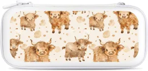 Cute Scottish Highland Cow Hard Shell Travel Case with Rope 15 Game Card Pockets Compatible with Switch Protective