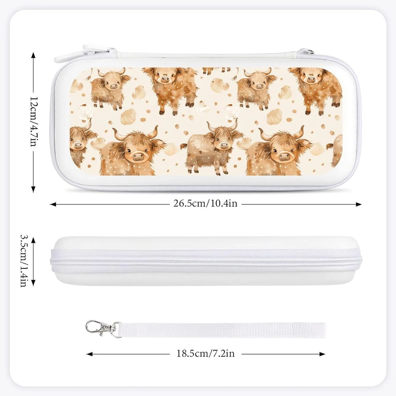 Cute Scottish Highland Cow Hard Shell Travel Case with Rope 15 Game Card Pockets Compatible with Switch Protective
