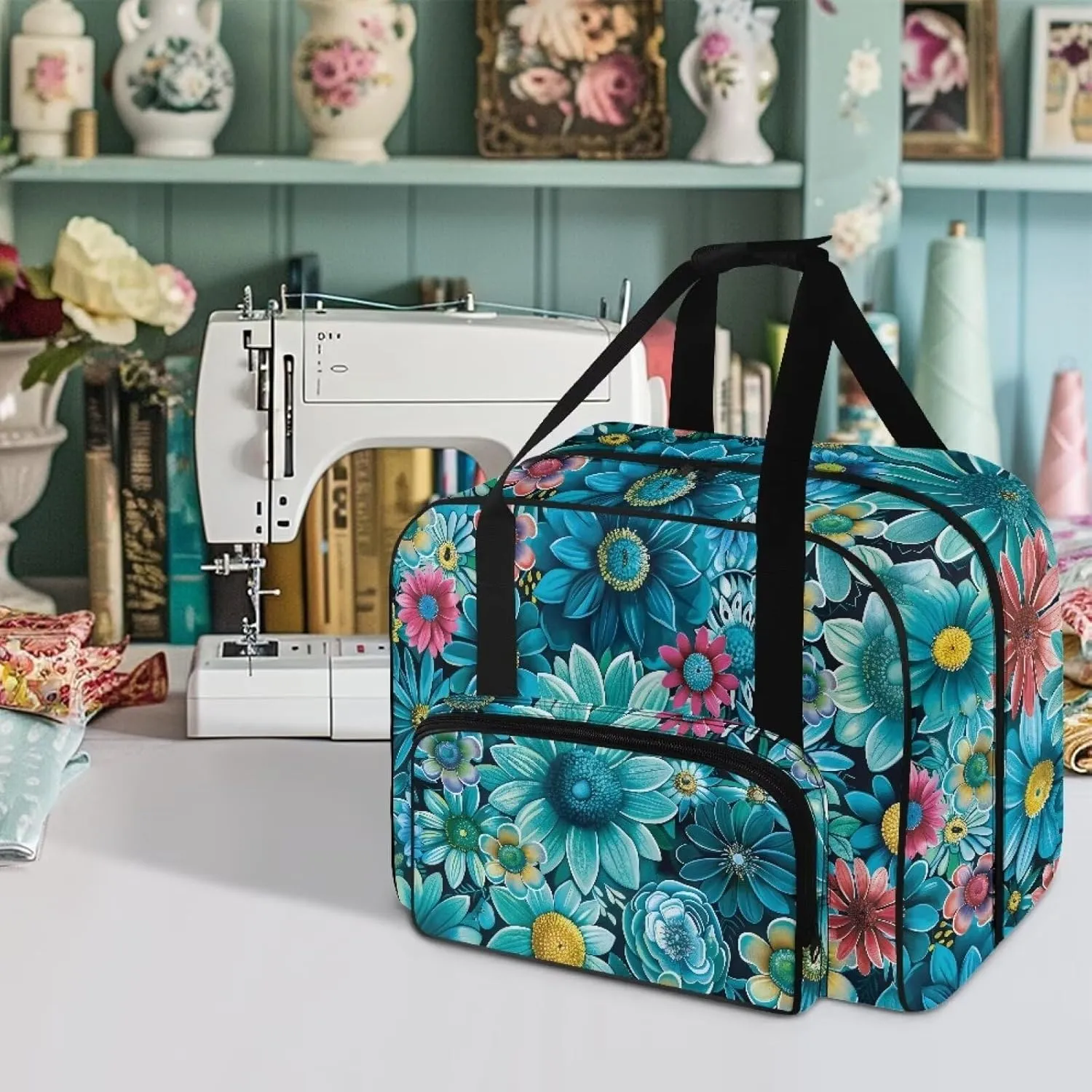 Cyan Daisy Sewing Machine Bag, Portable Tote Bag Compatible with Most Singer, Brother and Extra Sewing Accessories 19.7x9.8x13 Inches