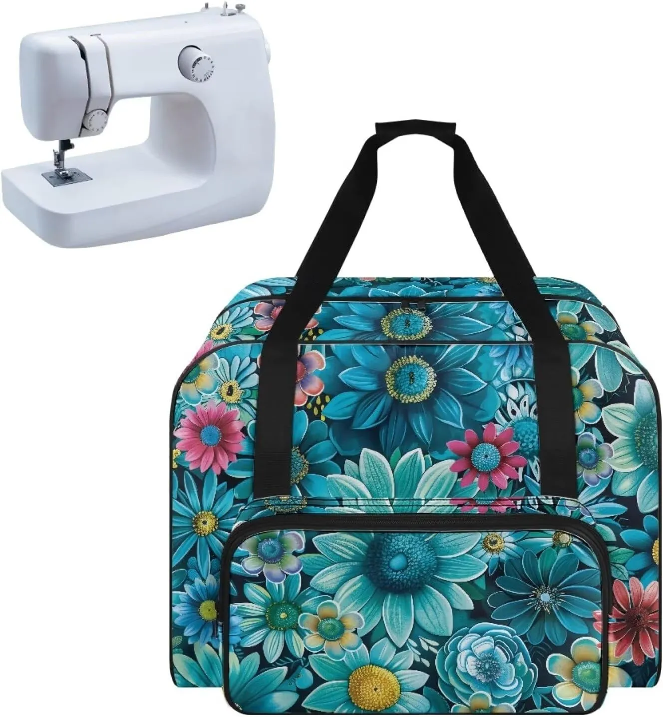 Cyan Daisy Sewing Machine Bag, Portable Tote Bag Compatible with Most Singer, Brother and Extra Sewing Accessories 19.7x9.8x13 Inches