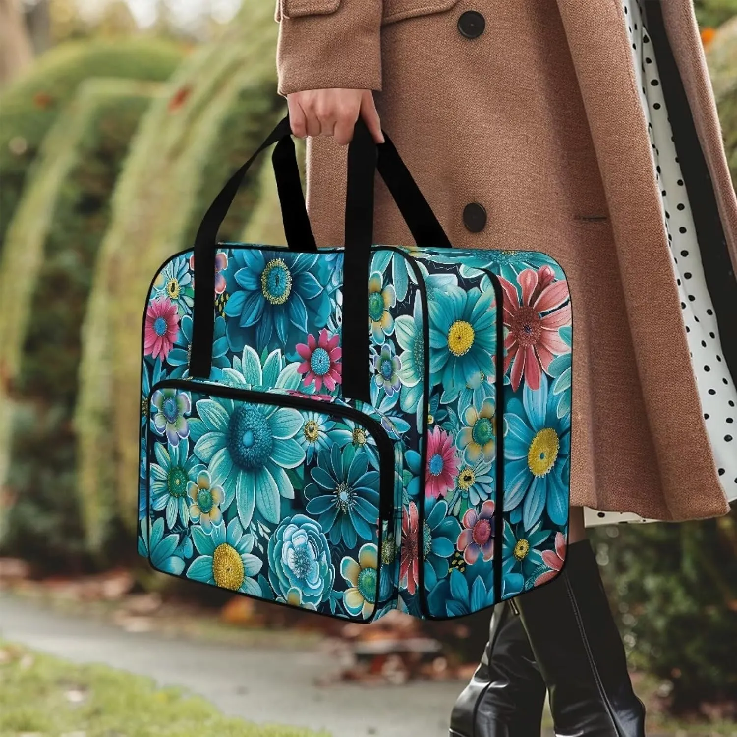 Cyan Daisy Sewing Machine Bag, Portable Tote Bag Compatible with Most Singer, Brother and Extra Sewing Accessories 19.7x9.8x13 Inches