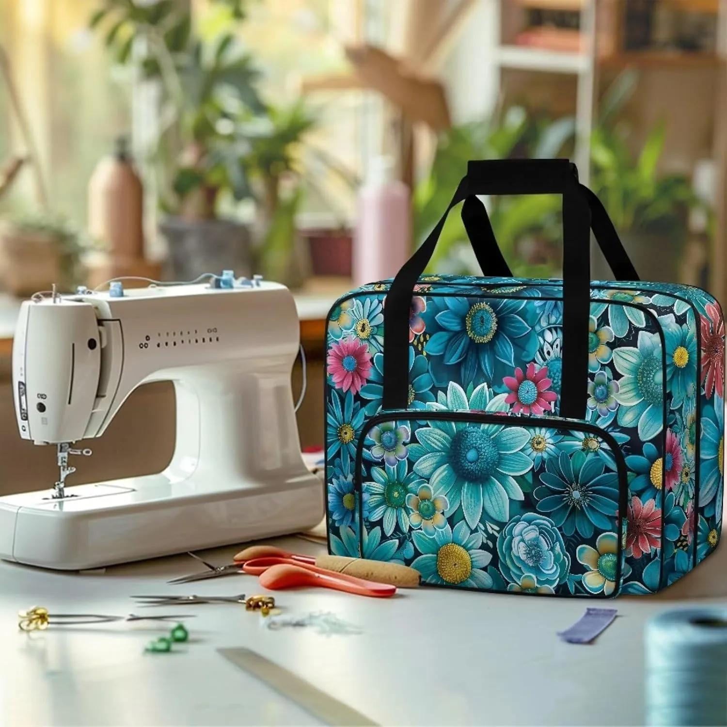 Cyan Daisy Sewing Machine Bag, Portable Tote Bag Compatible with Most Singer, Brother and Extra Sewing Accessories 19.7x9.8x13 Inches