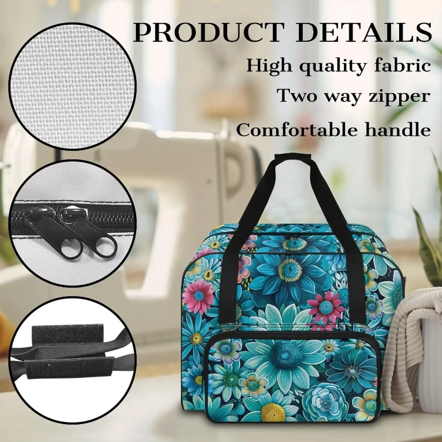 Cyan Daisy Sewing Machine Bag, Portable Tote Bag Compatible with Most Singer, Brother and Extra Sewing Accessories 19.7x9.8x13 Inches
