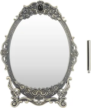 Cyrank Vintage Makeup Mirror, Oval Floral Mirror Decorative Tabletop Makeup Mirror Metal Vintage Mirror Cosmetic Mirror for Home Decorative(Bronze)