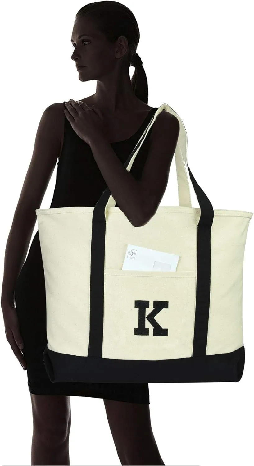 DALIX Initial Tote Bag Personalized Monogram Black Zippered Top Letter - K