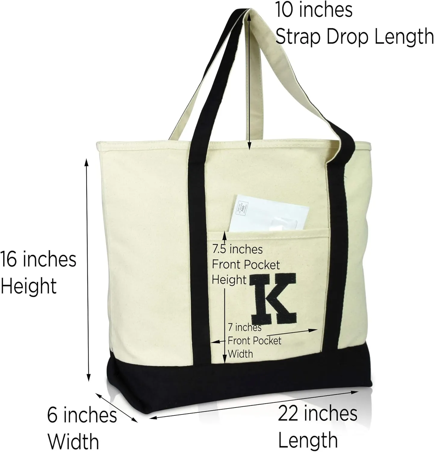 DALIX Initial Tote Bag Personalized Monogram Black Zippered Top Letter - K
