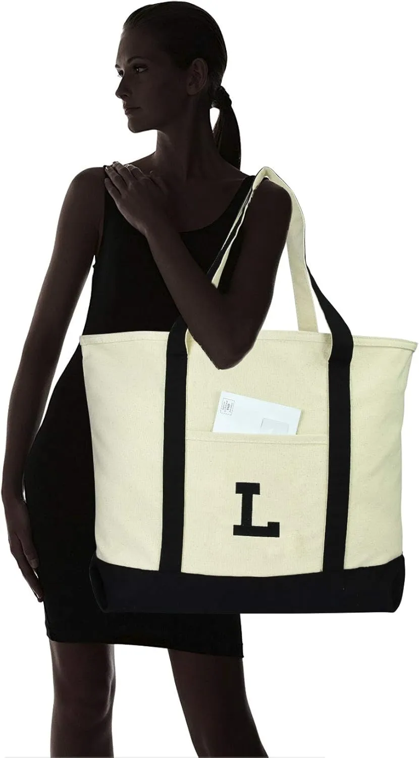 DALIX Initial Tote Bag Personalized Monogram Black Zippered Top Letter - L
