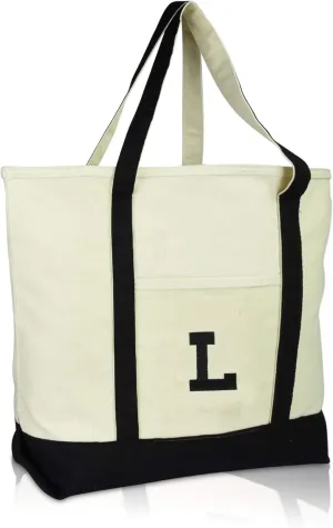 DALIX Initial Tote Bag Personalized Monogram Black Zippered Top Letter - L