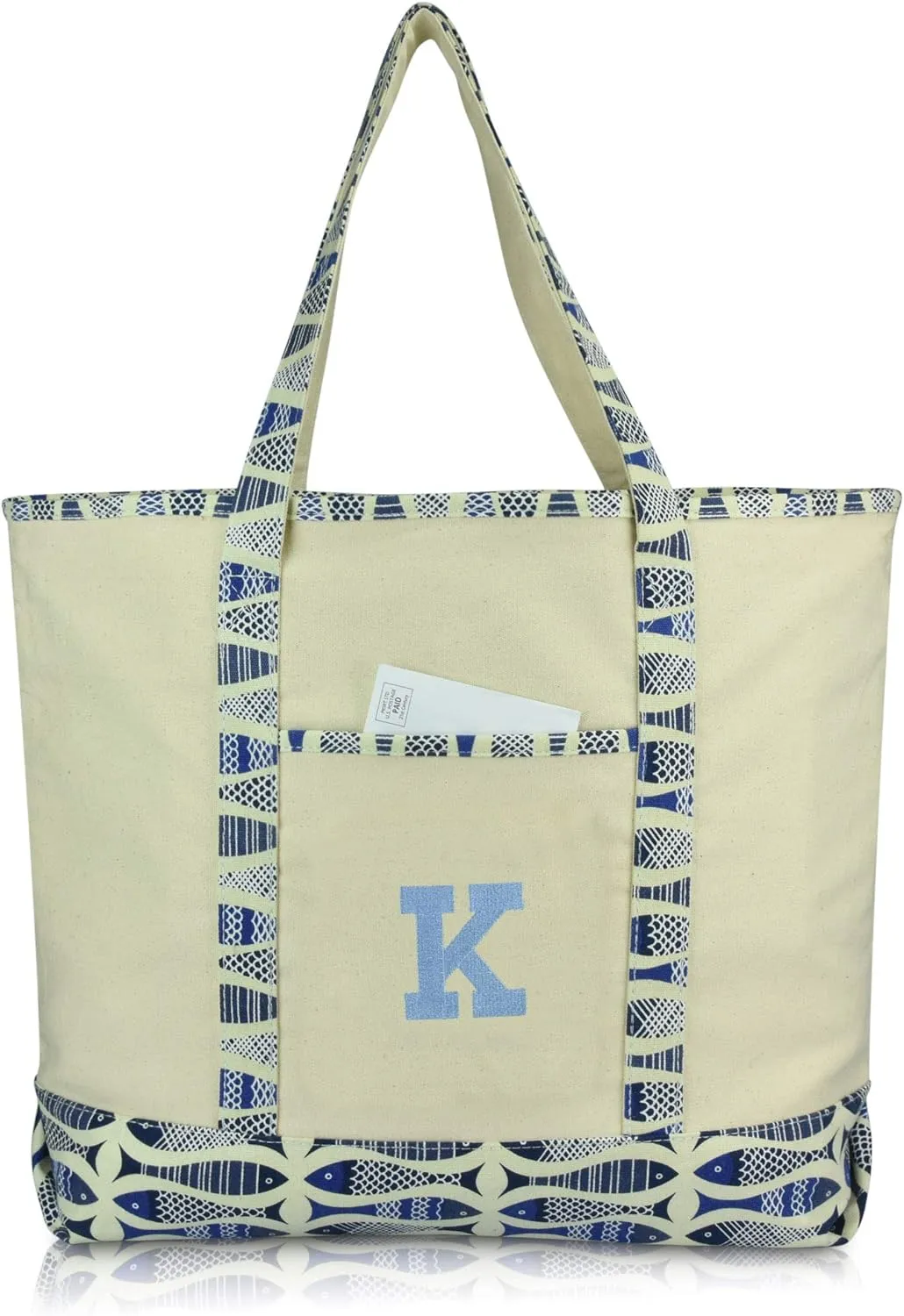 DALIX Initial Tote Bag Personalized Monogram Blue Antique Fish Zippered Top Bold Letter - K
