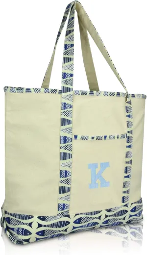 DALIX Initial Tote Bag Personalized Monogram Blue Antique Fish Zippered Top Bold Letter - K