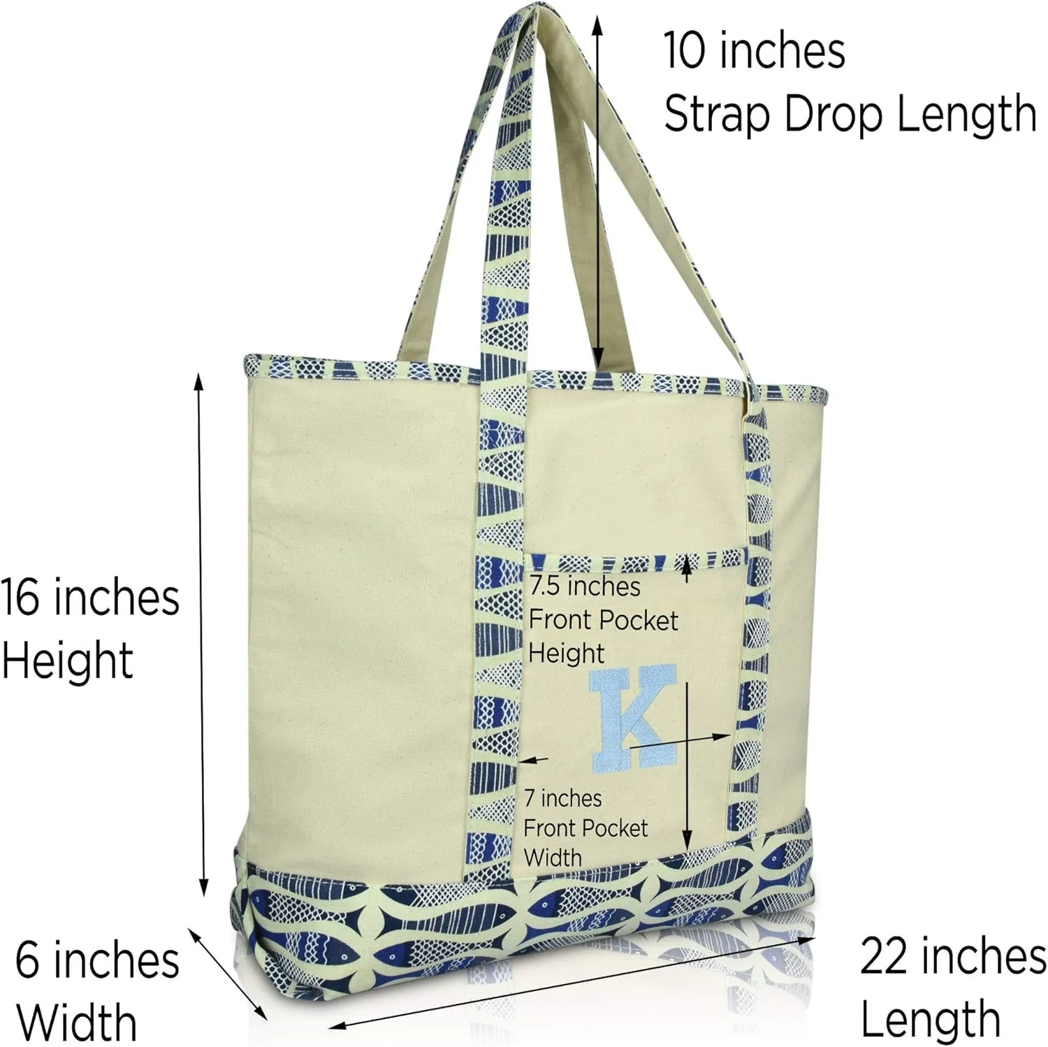 DALIX Initial Tote Bag Personalized Monogram Blue Antique Fish Zippered Top Bold Letter - K