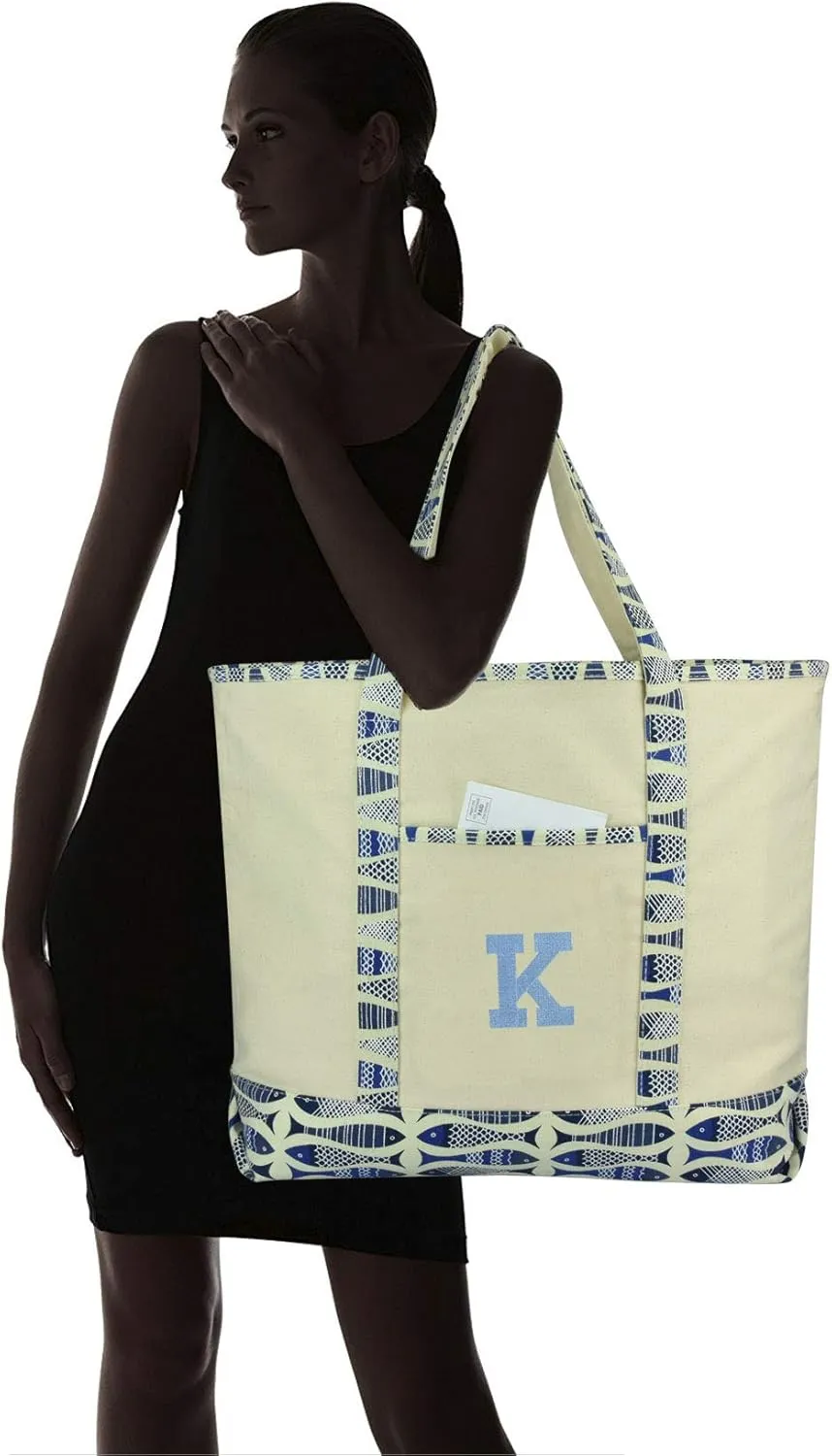 DALIX Initial Tote Bag Personalized Monogram Blue Antique Fish Zippered Top Bold Letter - K