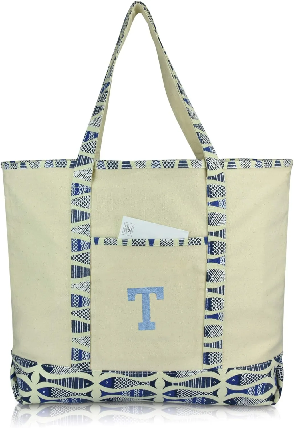 DALIX Initial Tote Bag Personalized Monogram Blue Antique Fish Zippered Top Bold Letter - T