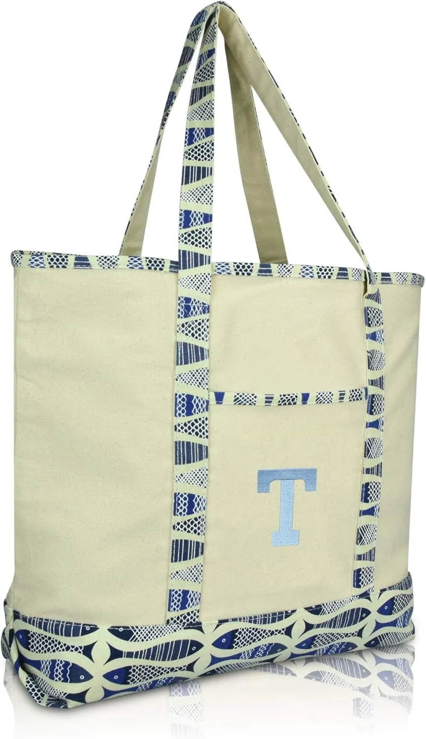 DALIX Initial Tote Bag Personalized Monogram Blue Antique Fish Zippered Top Bold Letter - T
