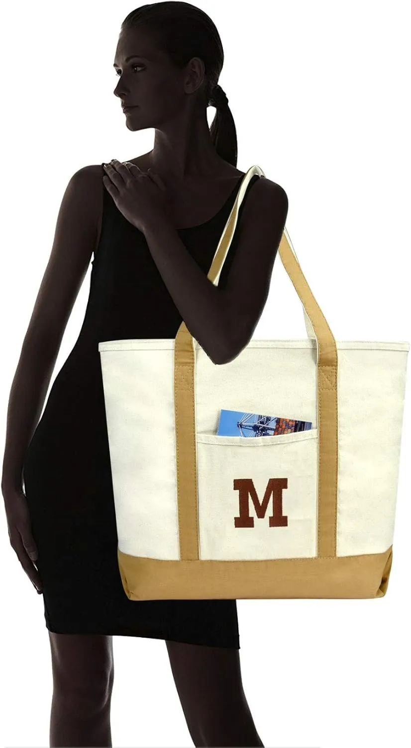 DALIX Initial Tote Bag Personalized Monogram Brown Zippered Top Bold Letter - M