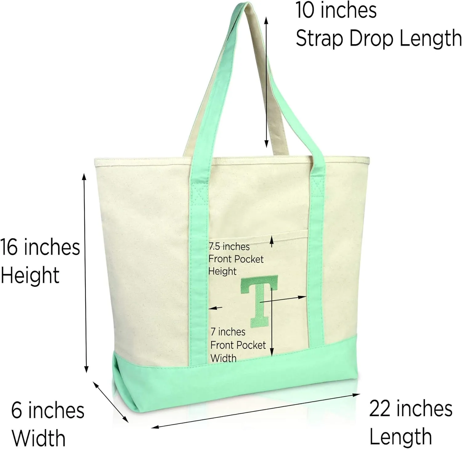 DALIX Initial Tote Bag Personalized Monogram Mint Green Zippered Top Letter - T