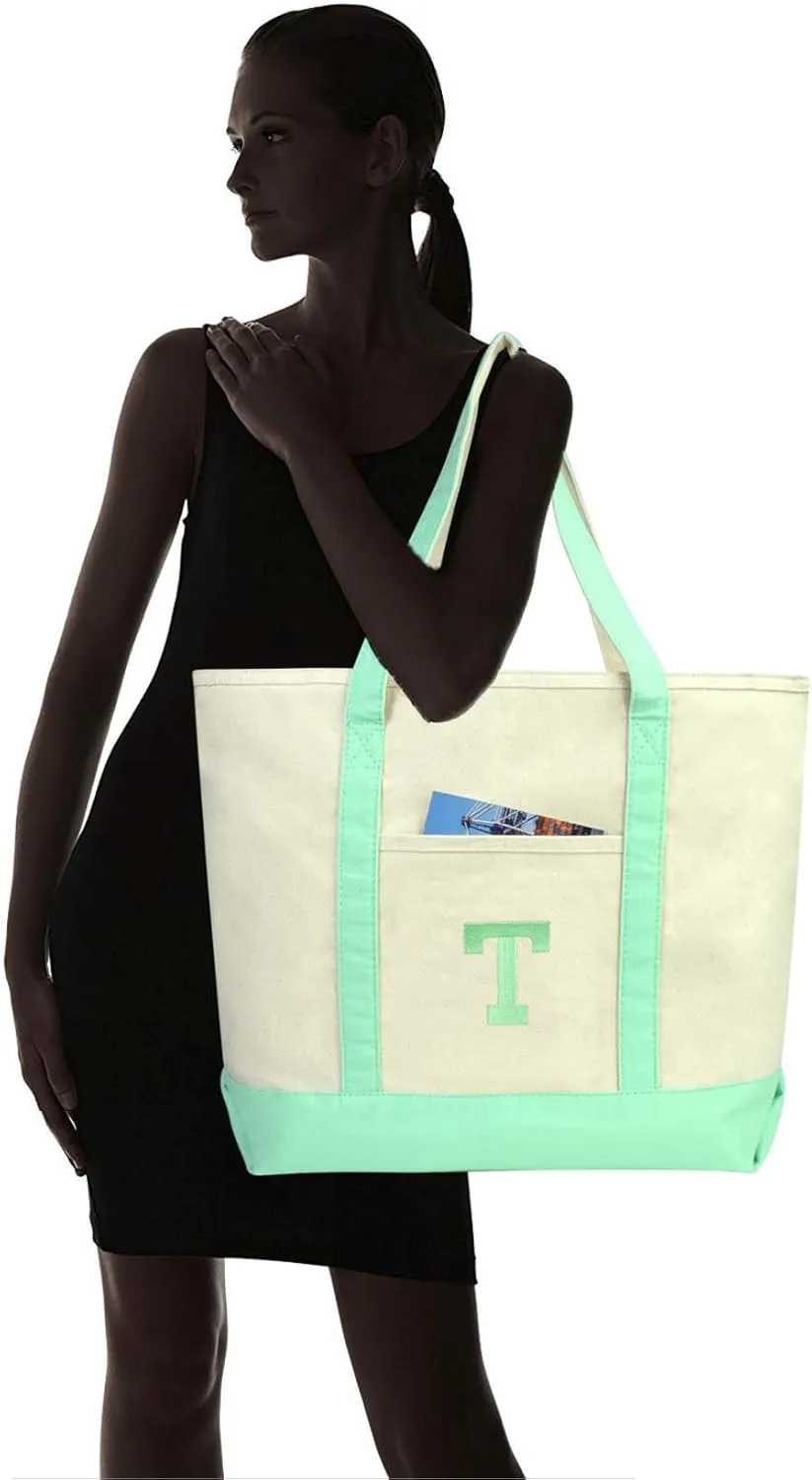 DALIX Initial Tote Bag Personalized Monogram Mint Green Zippered Top Letter - T