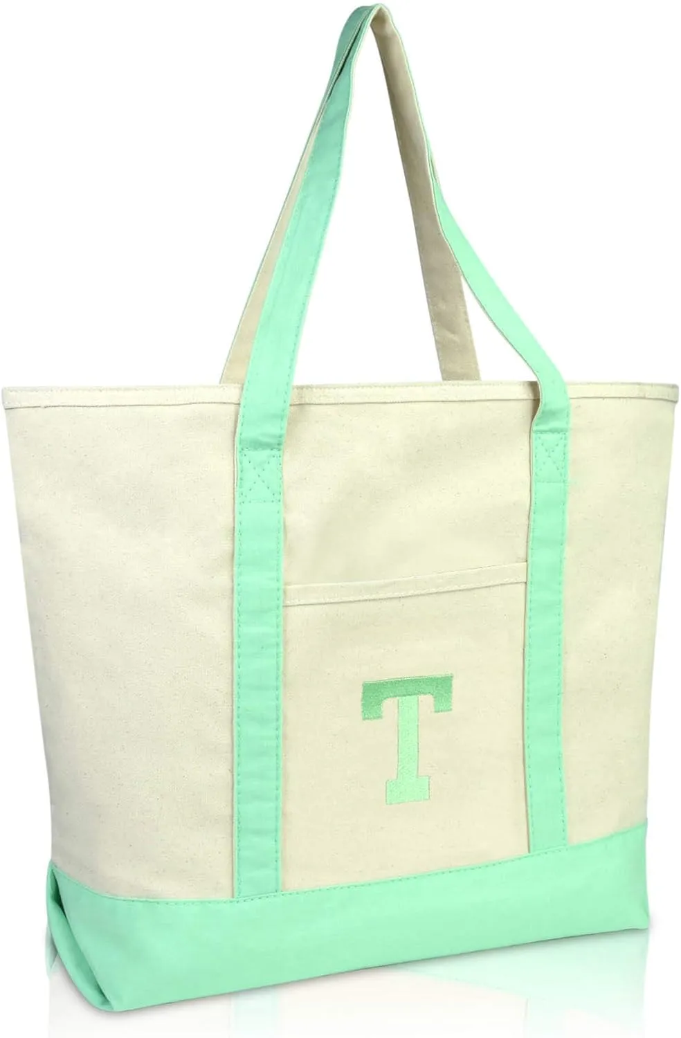 DALIX Initial Tote Bag Personalized Monogram Mint Green Zippered Top Letter - T