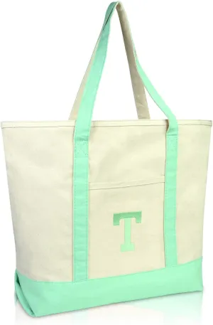 DALIX Initial Tote Bag Personalized Monogram Mint Green Zippered Top Letter - T