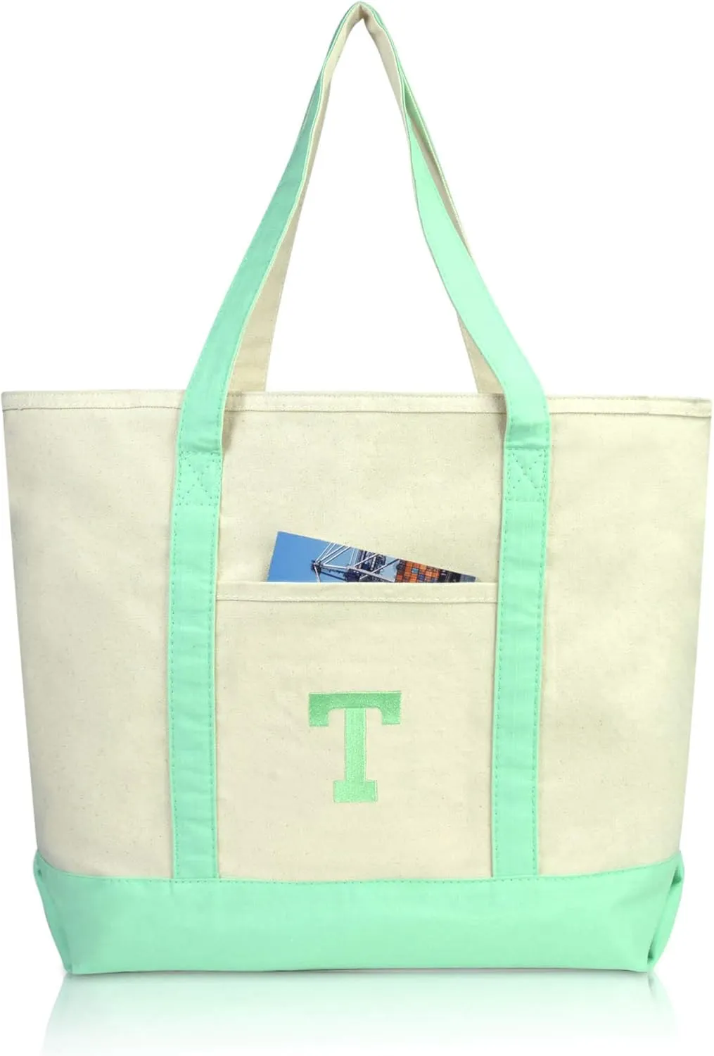 DALIX Initial Tote Bag Personalized Monogram Mint Green Zippered Top Letter - T