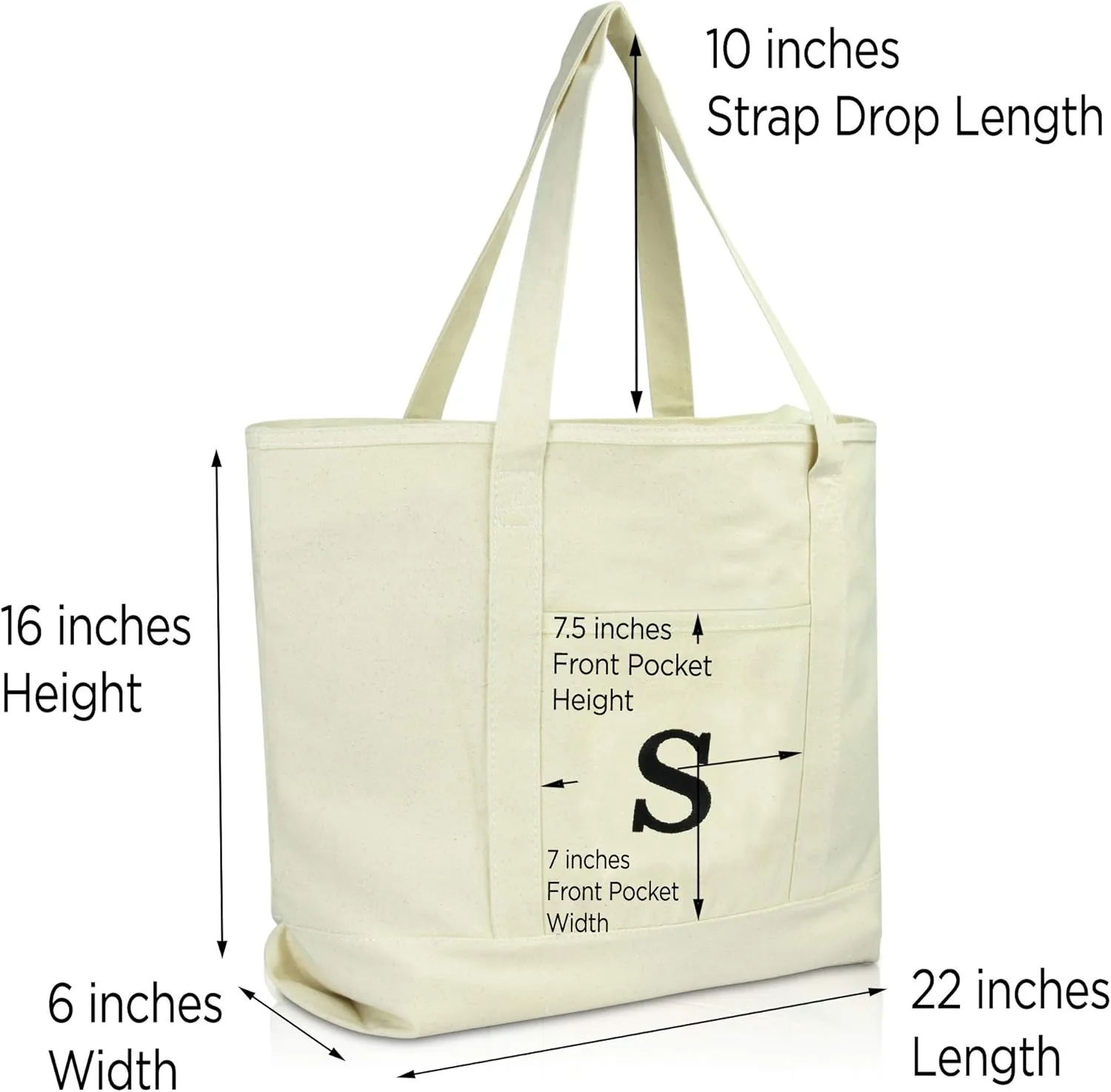 DALIX Initial Tote Bag Personalized Monogram Natural Zippered Top Letter - S