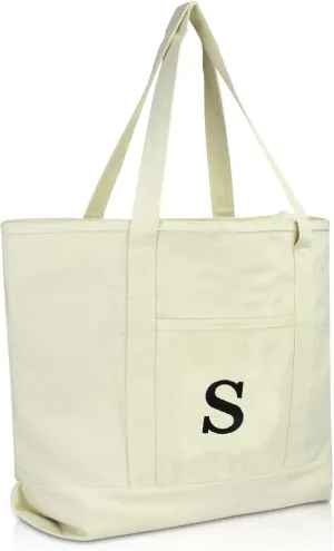 DALIX Initial Tote Bag Personalized Monogram Natural Zippered Top Letter - S