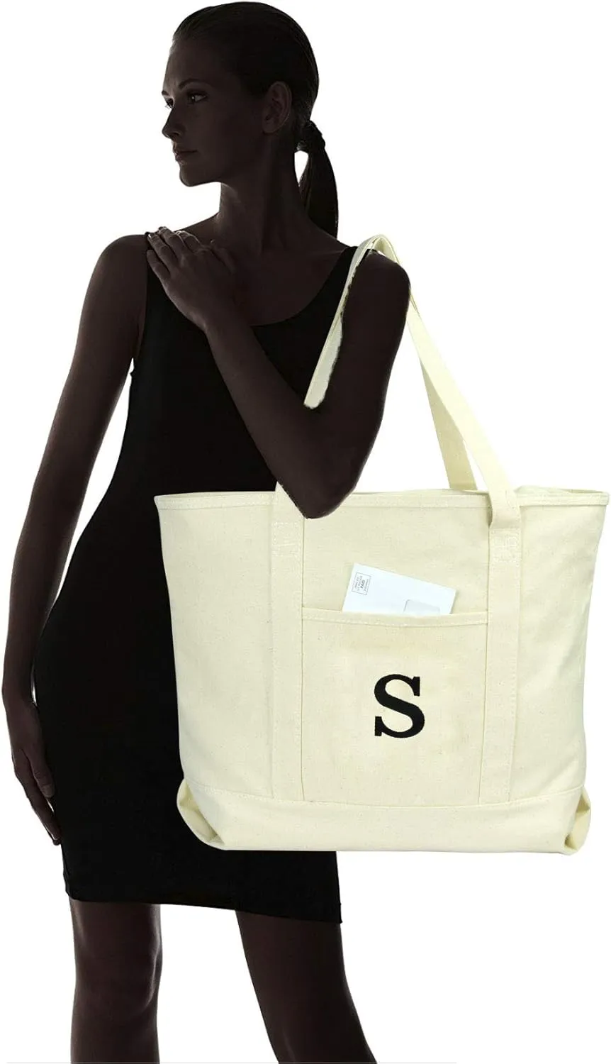 DALIX Initial Tote Bag Personalized Monogram Natural Zippered Top Letter - S