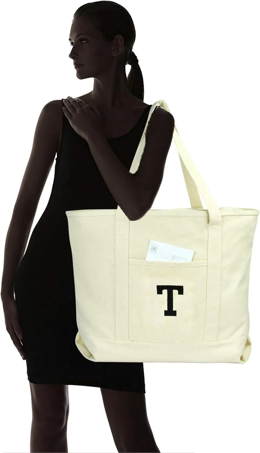 DALIX Initial Tote Bag Personalized Monogram Natural Zippered Top Letter - T