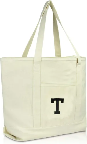 DALIX Initial Tote Bag Personalized Monogram Natural Zippered Top Letter - T