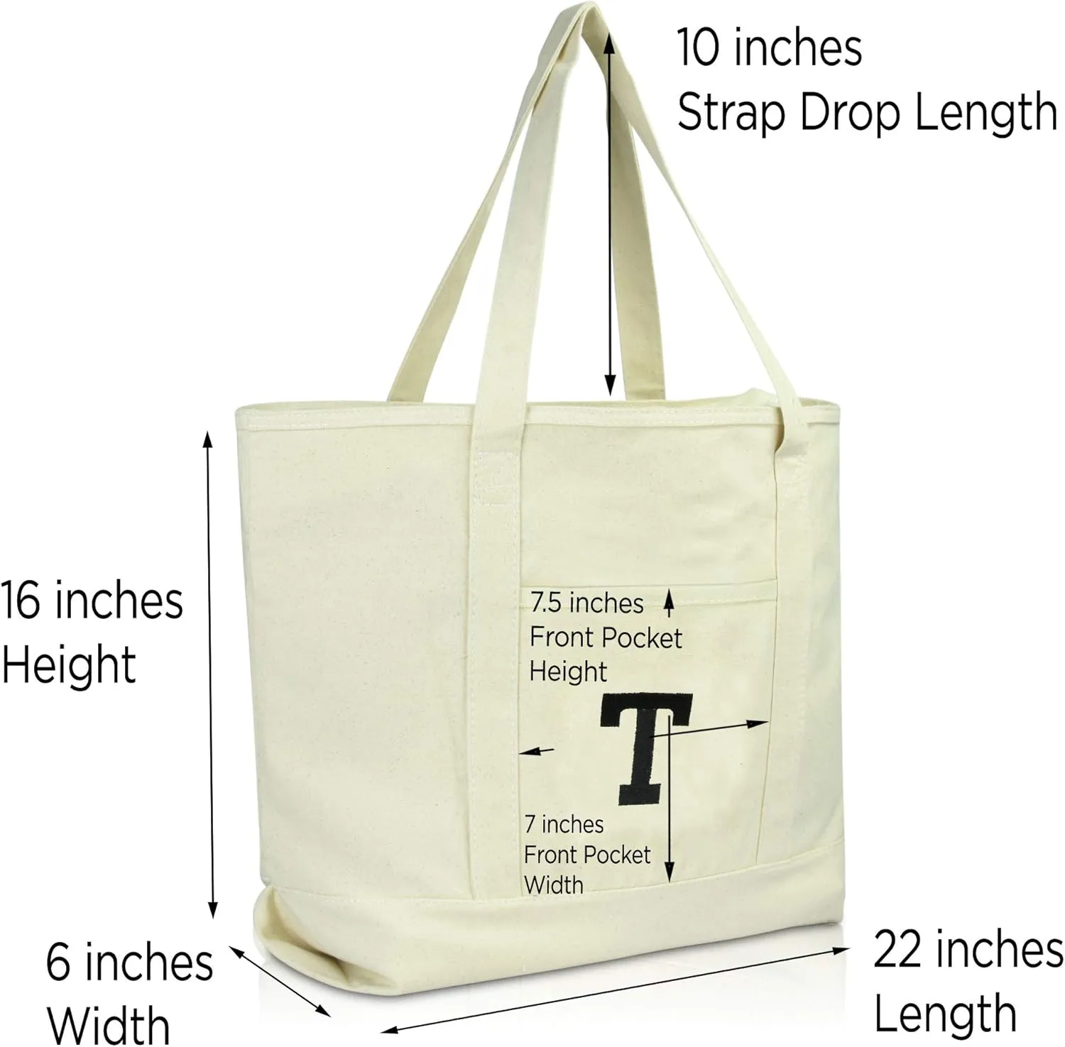 DALIX Initial Tote Bag Personalized Monogram Natural Zippered Top Letter - T