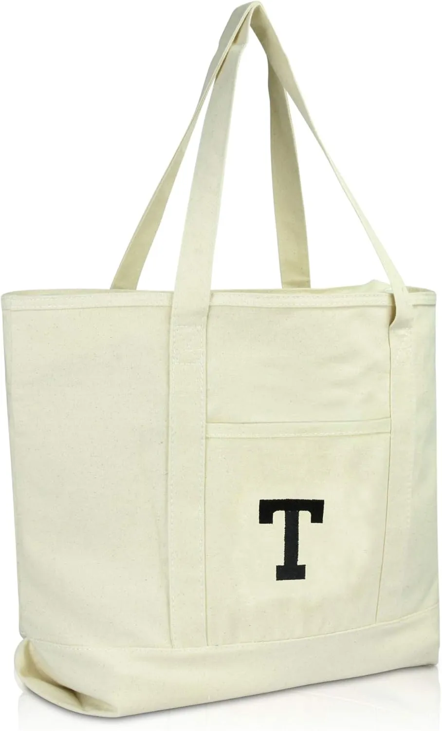 DALIX Initial Tote Bag Personalized Monogram Natural Zippered Top Letter - T