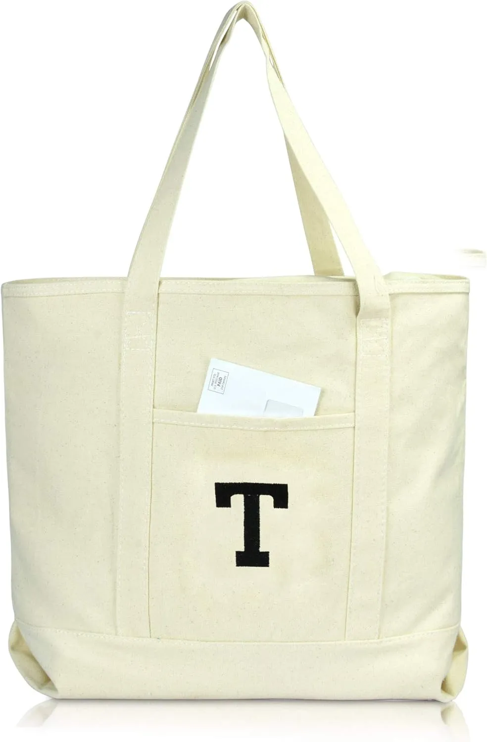 DALIX Initial Tote Bag Personalized Monogram Natural Zippered Top Letter - T