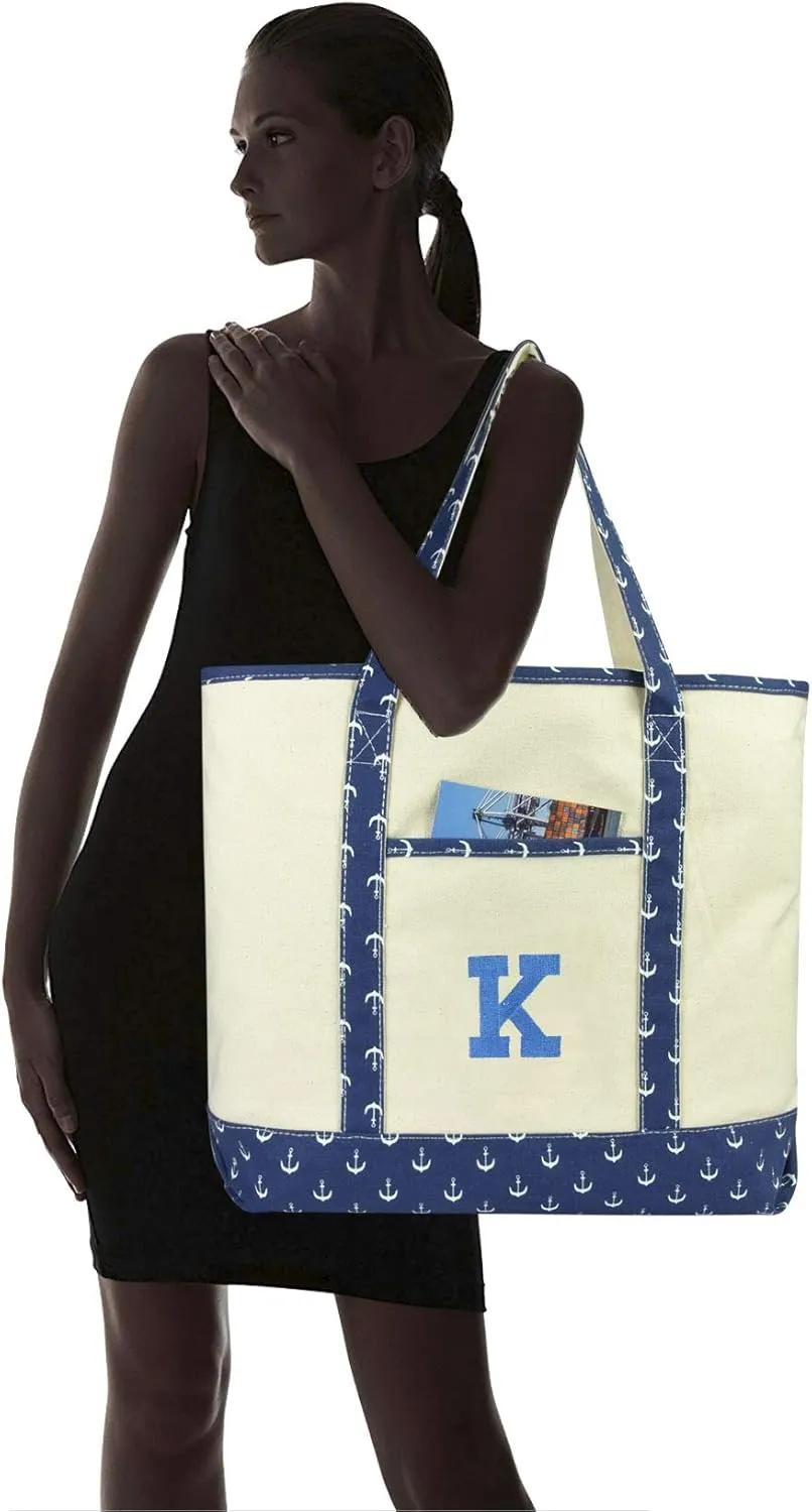 DALIX Initial Tote Bag Personalized Monogram Navy Blue Anchor Zippered Top Letter - K