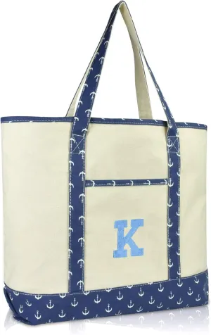 DALIX Initial Tote Bag Personalized Monogram Navy Blue Anchor Zippered Top Letter - K