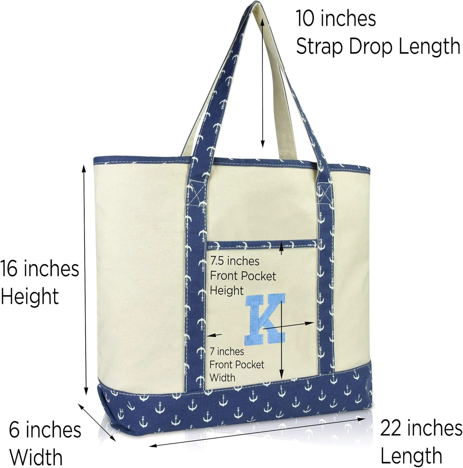 DALIX Initial Tote Bag Personalized Monogram Navy Blue Anchor Zippered Top Letter - K