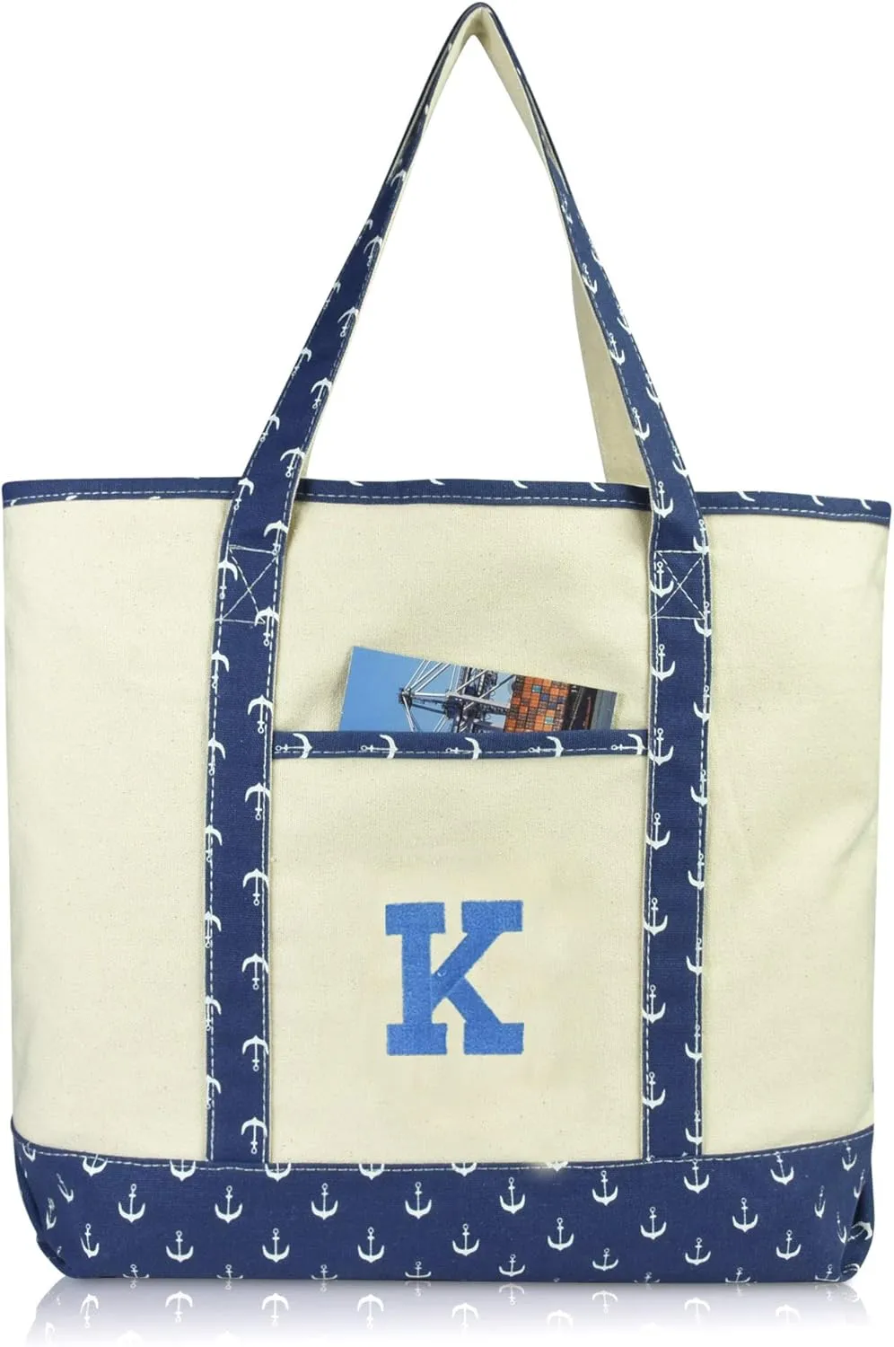 DALIX Initial Tote Bag Personalized Monogram Navy Blue Anchor Zippered Top Letter - K