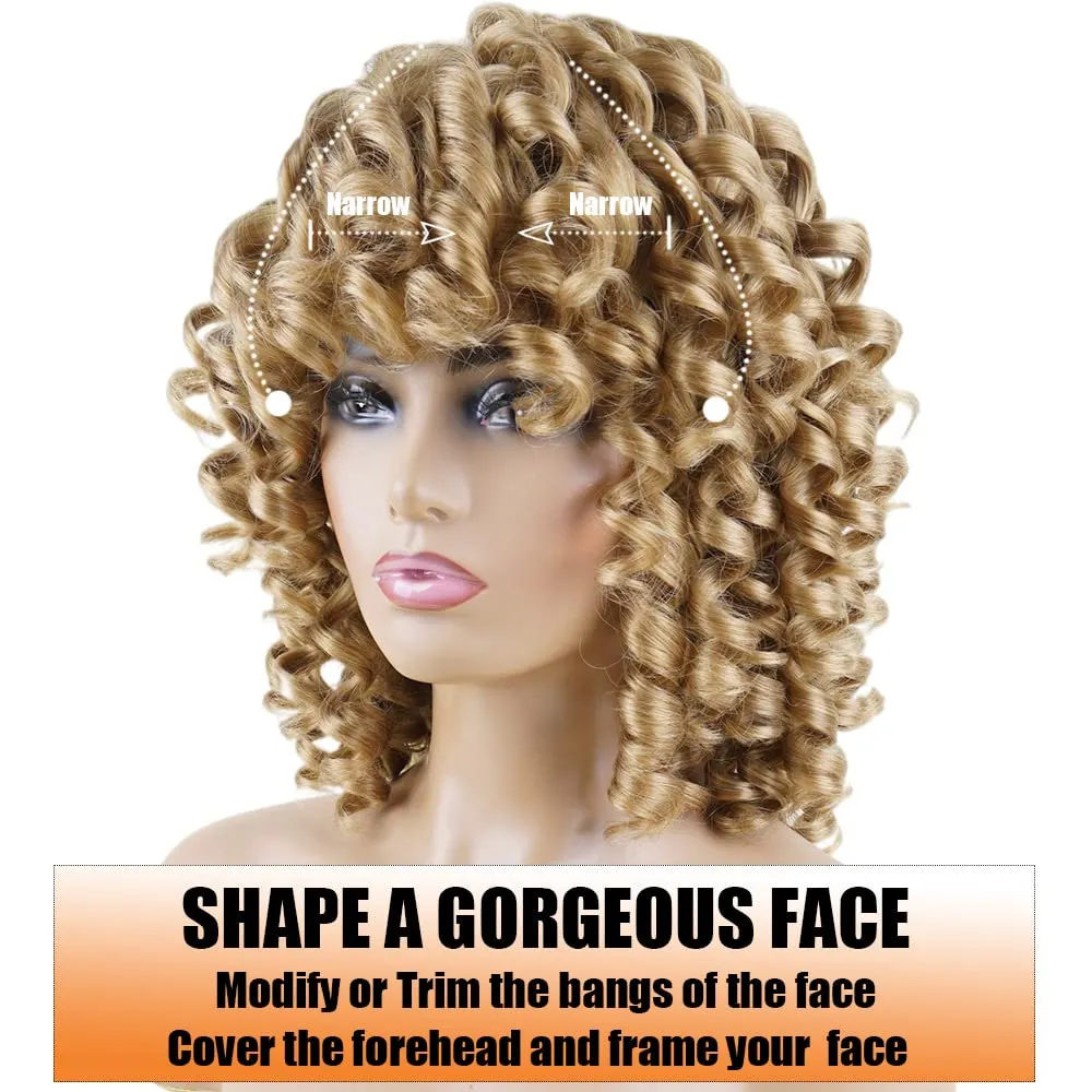 Dark Blonde Curly Wigs for Black Women Short Curly Wigs for Women Curly Synthetic Hair Heat Resistant Hair Replacement with Wig Caps (Dark Blonde)