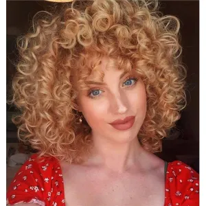 Dark Blonde Curly Wigs for Black Women Short Curly Wigs for Women Curly Synthetic Hair Heat Resistant Hair Replacement with Wig Caps (Dark Blonde)