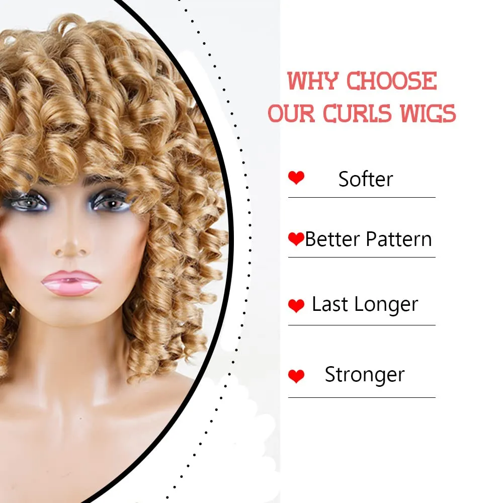 Dark Blonde Curly Wigs for Black Women Short Curly Wigs for Women Curly Synthetic Hair Heat Resistant Hair Replacement with Wig Caps (Dark Blonde)