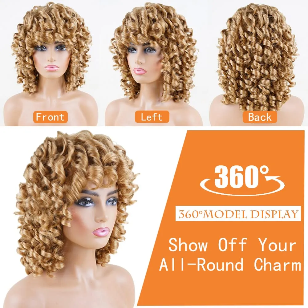 Dark Blonde Curly Wigs for Black Women Short Curly Wigs for Women Curly Synthetic Hair Heat Resistant Hair Replacement with Wig Caps (Dark Blonde)