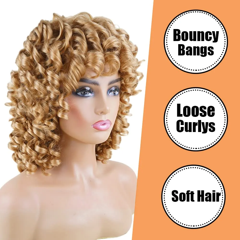Dark Blonde Curly Wigs for Black Women Short Curly Wigs for Women Curly Synthetic Hair Heat Resistant Hair Replacement with Wig Caps (Dark Blonde)