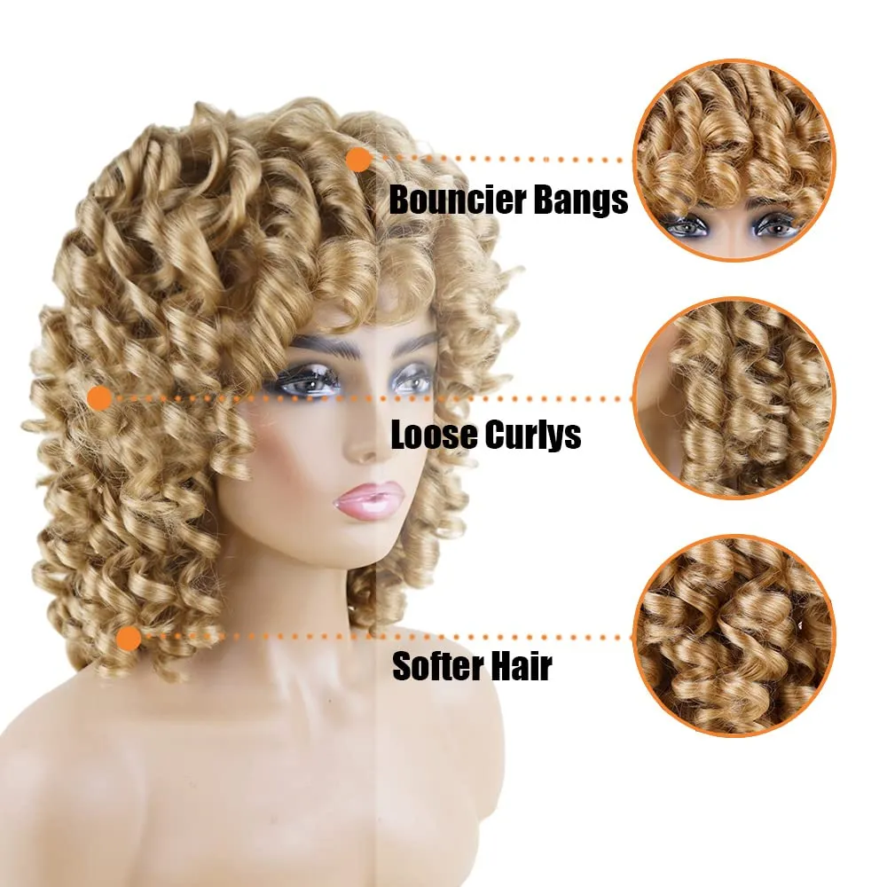 Dark Blonde Curly Wigs for Black Women Short Curly Wigs for Women Curly Synthetic Hair Heat Resistant Hair Replacement with Wig Caps (Dark Blonde)