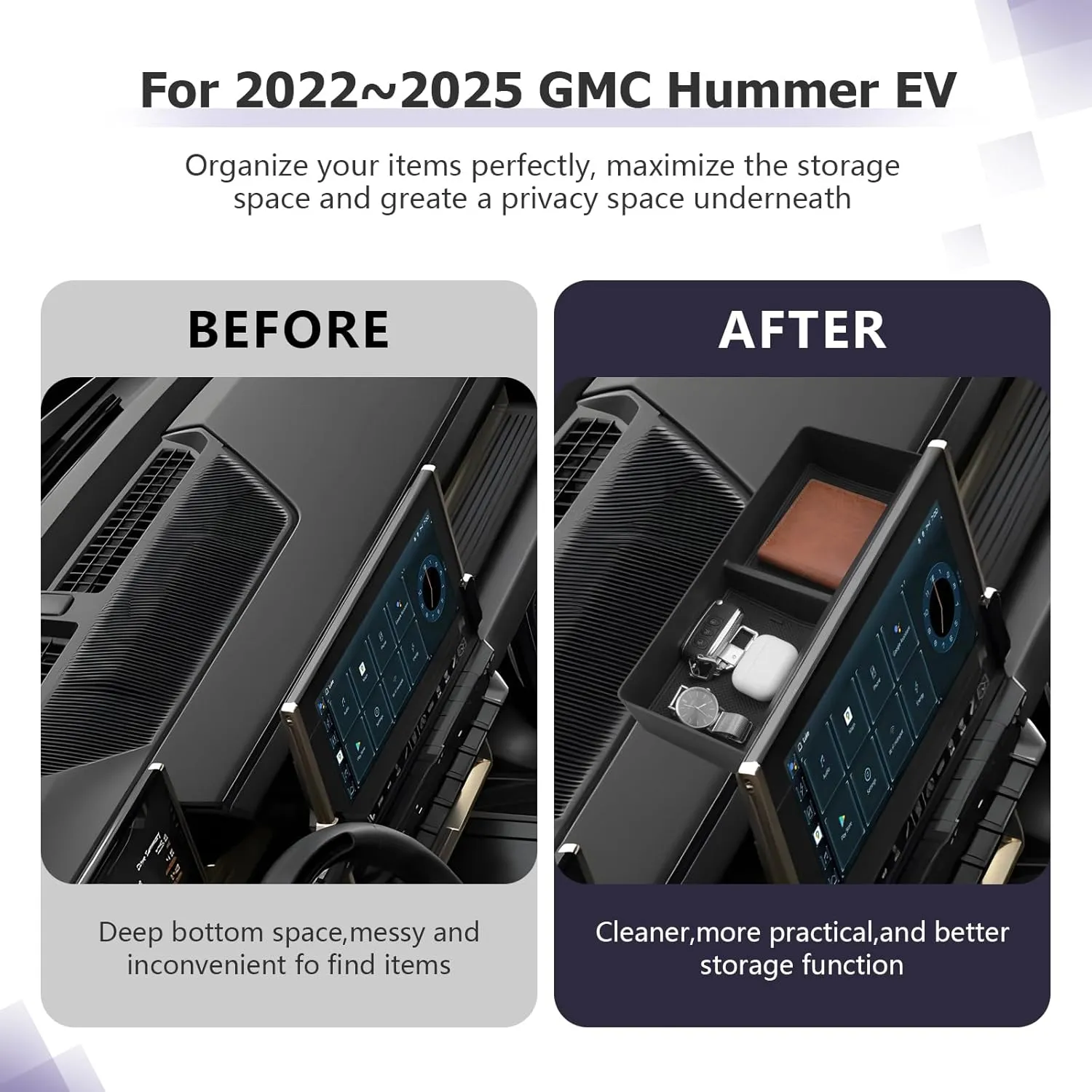 Dashboard Center Console Organizer Compatible with 2022 2023 2024 2025 GMC Hummer EV Accessories 2025 Hummer EV Center Console Organizer Armrest Console Organizer Armrest Organizer Insert Tray (Black)