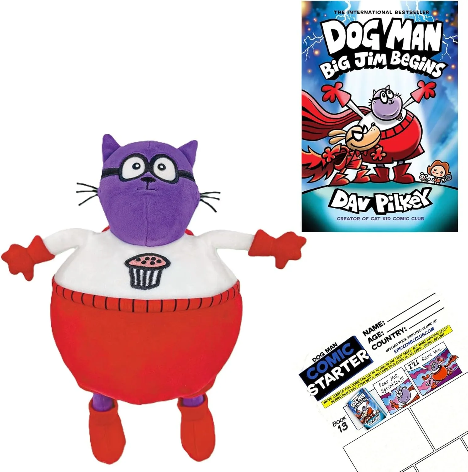 Dav Pilkey Dog Man Big Jim Begins Gift Set Includes Hardcover Book #13, Commander Cupcake Plush, and Comic Starter Booklet (Encourages Working Together, Bravery, Imagination, and Humor)