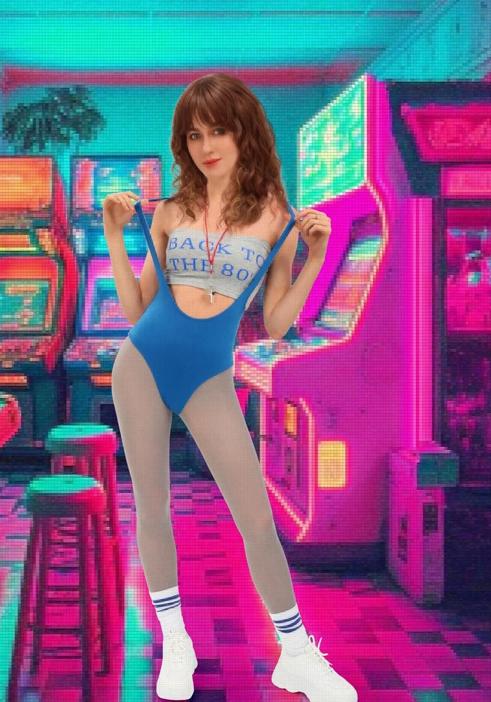DAZCOS Lisa Cosplay Costume Women US Size Retro 80s Workout Outfit with Tight Pants Striped Socks
