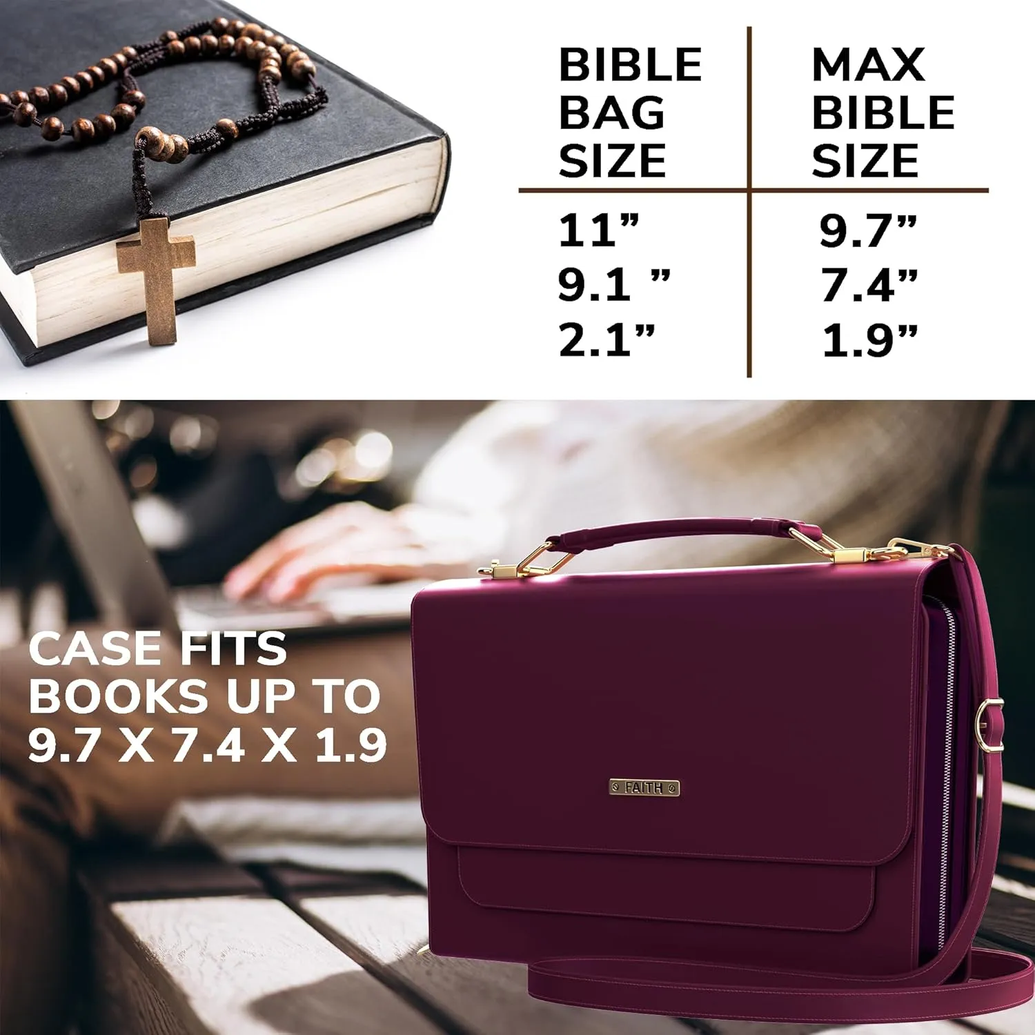 DEHITE Bible Cover Case for Women – Bible Carrying Bag – Pen Slots – Zippered Pocket – Shoulder Strap – Premium PU Leather – Purse Christian Gift