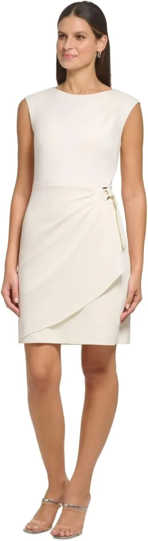 DKNY Sleeveless Scuba Crepe Faux Wrap with Logo Hardware