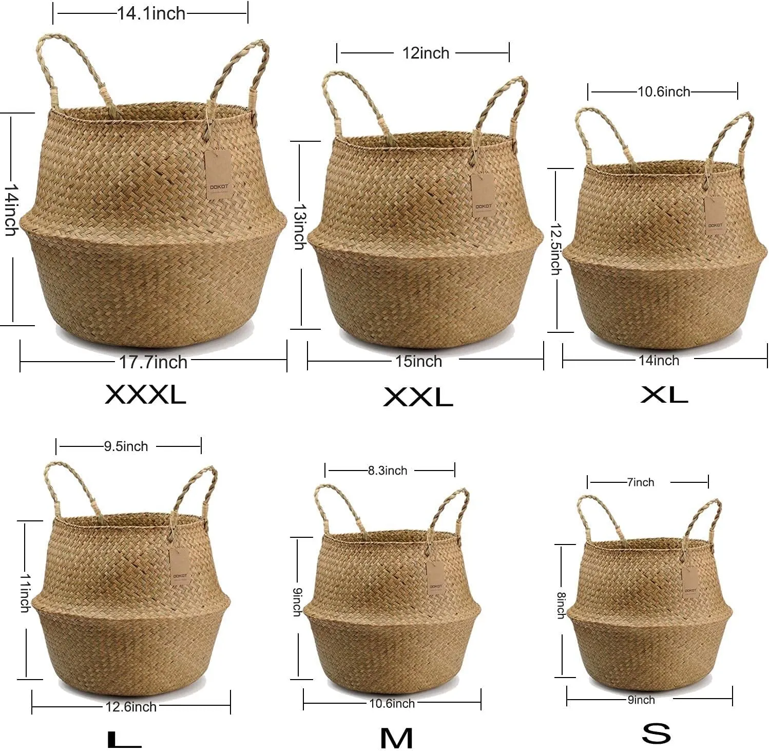 DOKOT Seagrass Plant Basket with Handles, Wicker Woven Storage Basket (8.3inch Diameter x 9inch Height), Natural